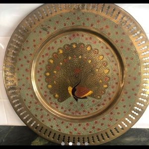 Vintage peacock brass etched plate wall art